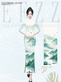 星級酒店中國風華服中式制服水墨竹子山水畫旗袍定制設計圖