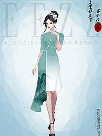 特色傳統中餐廳女員工山水畫旗袍服裝定制圖