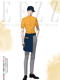 夏季新款黃色立領(lǐng)襯衫半截上班工作餐飲制服定制設(shè)計(jì)圖