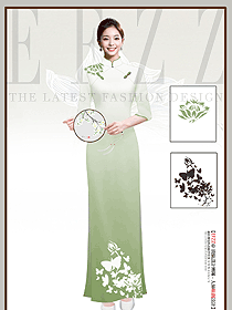 修身旗袍民族風復古中國風墨綠漸變色中長款