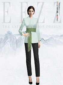 酒店中餐女服務(wù)員綠色長腰帶制服定制設(shè)計圖