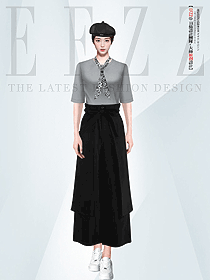 灰色上衣黑色長裙西餐廳服務員服裝短袖設計圖