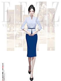 酒店前臺收銀員中袖V領套裝制服手繪設計圖