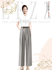 OL女裝短袖襯衫高端西褲女夏季淺灰色直筒長褲原創設計