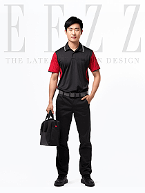 黑紅撞色翻領夏季汽修工作服套裝T恤短袖