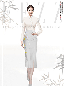 高檔酒樓餐廳迎賓女服務員唐裝改良版套裝設計圖