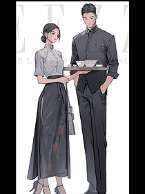 酒店餐飲深灰色復(fù)古員工工作服裝定制手繪方案