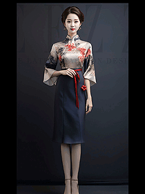 新中式旗袍夏季香檳色印花上裝改良款民族服裝