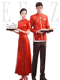 中式餐飲立領(lǐng)盤扣套裝男女大紅色制服套裝定制款