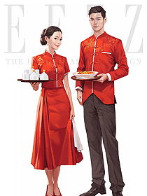 中國風酒店中餐廳唐裝紅色系列男女服務員制服定制設計圖