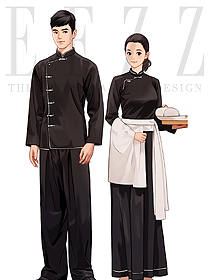 茶樓酒店跑堂店小二男女黑色工作演出服定制款