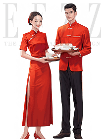 大紅色中式盤扣餐飲工作服定制男女款服裝圖片展示