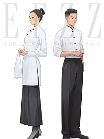 特色川味火鍋店男女服務員素色制服手繪方案