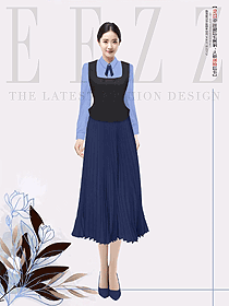 沉穩簡約高級深藍色西裝馬甲上衣高腰顯瘦半身裙