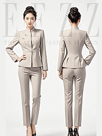 案場客服氣質通勤職業套裝OL米色立領中式西裝工作服定制設計圖