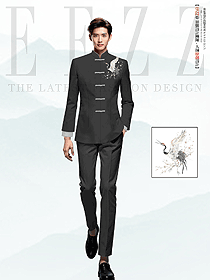 酒店中餐服務員制服刺繡唐裝中國風秋季棉麻款設計圖