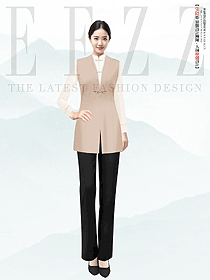 酒店中餐廳秋冬米色無袖中式馬甲女服務員制服設計圖