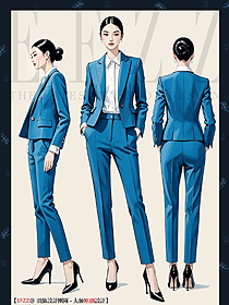 新款高級感孔雀藍修身職業西裝套裝手繪設計圖