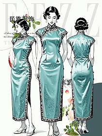 寬花邊真絲提花平裁民國復古盤扣短袖旗袍手繪圖