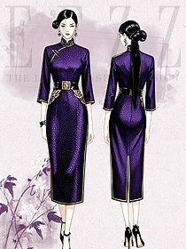 金絲絨高端優雅宴會禮儀長款紫色旗袍手繪圖