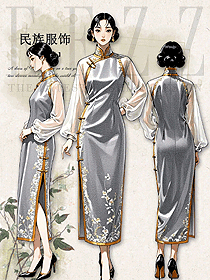 大袖繡花蕾絲雪紡優雅旗袍改良版連衣裙手繪圖