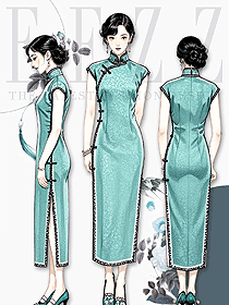 寬花邊真絲提花平裁一片式薄荷綠夏季全開襟旗袍