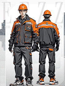 橙灰撞色冬季加絨純棉工作服套裝男棉衣手繪設(shè)計(jì)圖