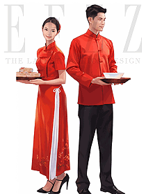 新中式正紅色改良旗袍連衣裙中國風(fēng)長款服務(wù)生制服手繪圖