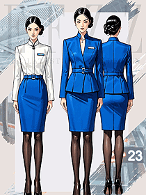 職業套裝女春秋西裝藍色立領制服高鐵乘務員客服工裝手繪圖