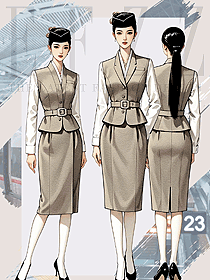 卡其色空姐職業(yè)套裝女高鐵乘務(wù)員馬夾款工作服手繪案例