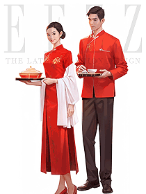 傳統(tǒng)餐飲中式酒店大紅色服裝套裝服務員秋冬裝手繪圖