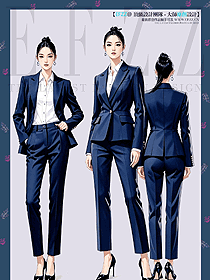 秋冬藏青色職業裝公務員一粒扣女西裝套裝手繪圖