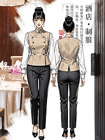 時尚米色無袖排扣飾立領馬夾酒店員工制服手繪圖