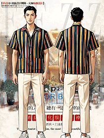 海南酒店襯衣條紋沙灘印花短袖門童制服設計圖