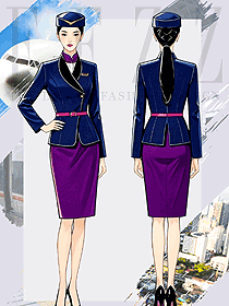 空姐制服職業(yè)套裝女春秋藍色上裝紫裙女工作服手繪方案