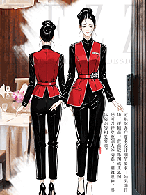 高檔酒店服務員工作服新中式員工工裝手繪設計圖