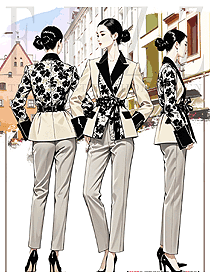 中式印花拼色高級女西裝外套手繪設計圖