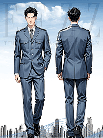 天藍(lán)春秋季翻領(lǐng)小西裝男士保安服套裝設(shè)計(jì)
