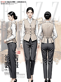 酒店中餐女服務員米色馬夾立領長袖制服設計圖