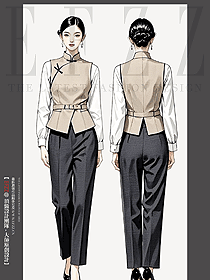 新中式棋盤扣立領(lǐng)酒店中餐廳女服務(wù)員手繪圖