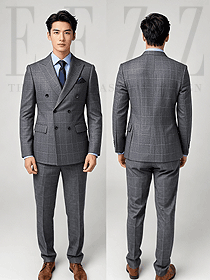 深灰色雙排扣男西裝套裝-商務正裝正背面圖