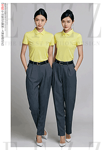 短款黃色翻領工作服定制印logo款式圖