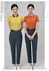 黃色與橙色翻領夏季短款體恤配工褲款式圖