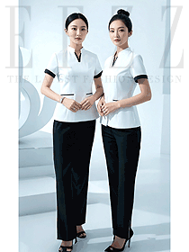 美容SPA館立領(lǐng)白色套裝黑邊中短袖套裝