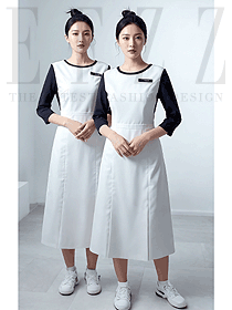 美容SPA館立領白色套裝中袖連衣裙