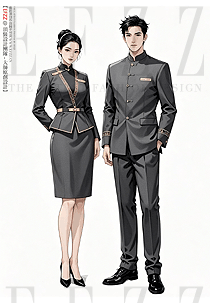 中式文化時尚修身酒店前臺接待工作服手繪定制