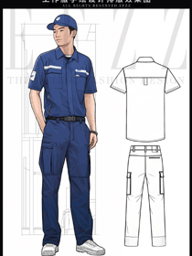 夏季工作服男薄藍色勞保服手繪圖