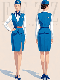 寶藍色襯衫馬甲空姐制服手繪效果圖