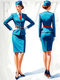 普藍(lán)色V領(lǐng)外套款空姐工作服手繪效果圖