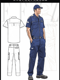 汽修工廠車間維修工人夏季短袖工作服手繪圖